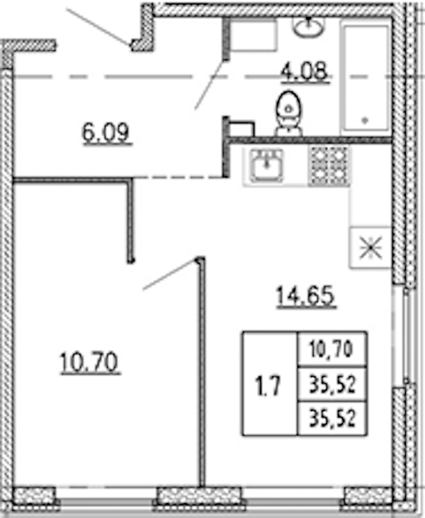 1-комнатная квартира 35.52 м², 1/22 эт., ЖК «Новые горизонты 2»